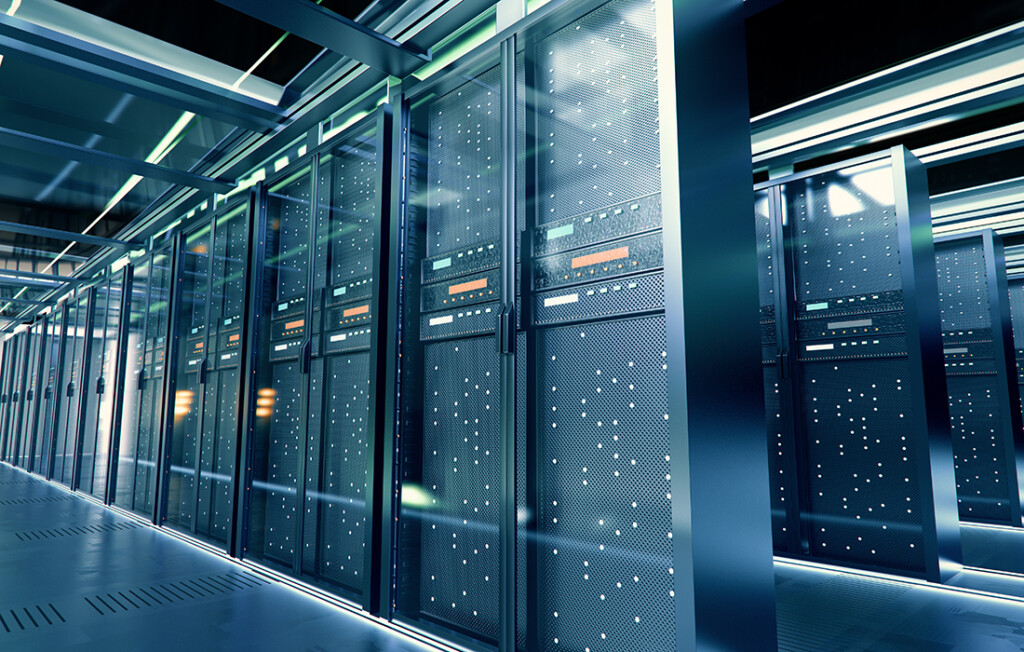 Moderne Rechenzentrums-Server-Racks mit hochleistungsfähiger Computing-Infrastruktur, angetrieben durch AT&S System-in-Package (SiP) Technologie für effiziente AI- und Cloud-Computing-Anwendungen.