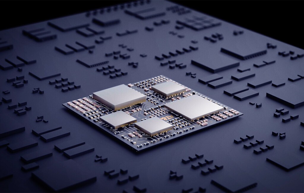 AT&S System-in-Package-Modul (SiP) mit eingebetteten Mikrochips und Komponenten, das fortschrittliche Miniaturisierung und heterogene Integration auf einem einzigen Substrat demonstriert.