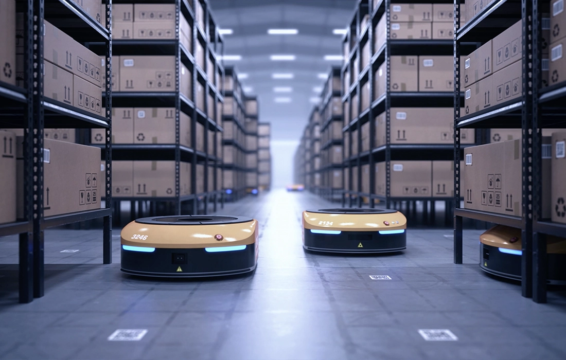 ats-products-flexible-and-rigid-flexible-pcbs03 Automatisierte, flache gelbe Roboter navigieren selbstständig durch ein großes, hell erleuchtetes Lager. Hohe Regale sind mit gleichförmigen braunen Kisten gefüllt, während die Roboter efizient durch die Gänge manövrieren und den Lagerbetrieb optimieren. In der zunehmenden Automatisierung und Vernetzung der Industrie spielt AT&S eine zentrale Rolle, indem sie mit flexiblen und starr-flexiblen Leiterplatten die technologische Grundlage für diese fortschrittlichen Systeme liefert.